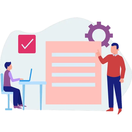 Empleados trabajando en la configuración de documentos en una computadora portátil  Ilustración