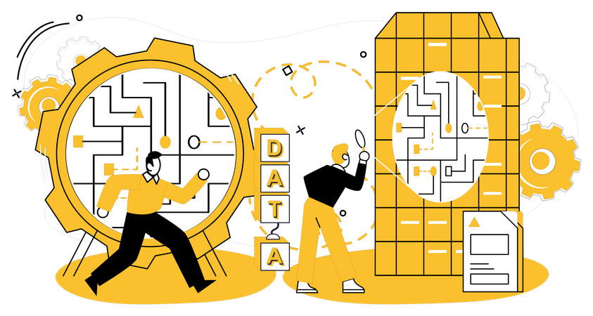 Empleados trabajando en la extracción de información de datos  Ilustración