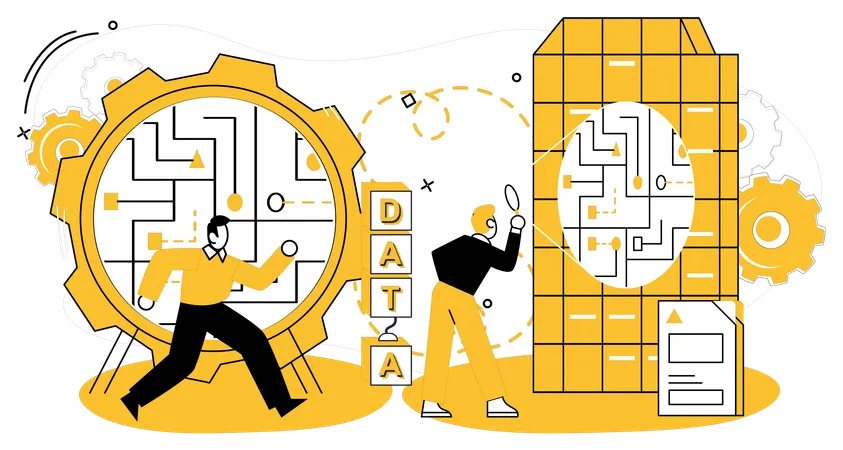 Empleados trabajando en la extracción de información de datos  Ilustración