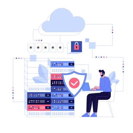 Un employé assure la sécurité du cloud  Illustration