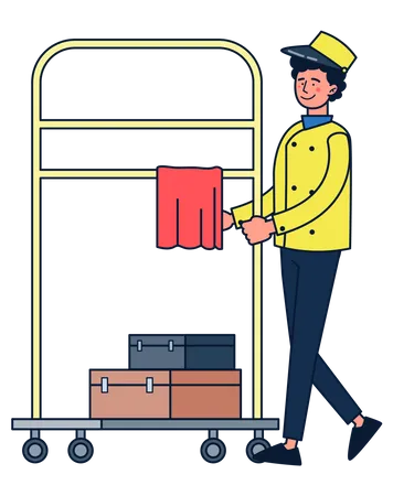Employé d'hôtel avec chariot à bagages  Illustration