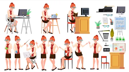 Vecteur d'employé de bureau. Femme Illustration Pack