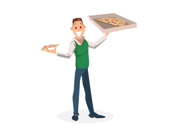 Employé de bureau debout avec une boîte à pizza en carton à la main  Illustration