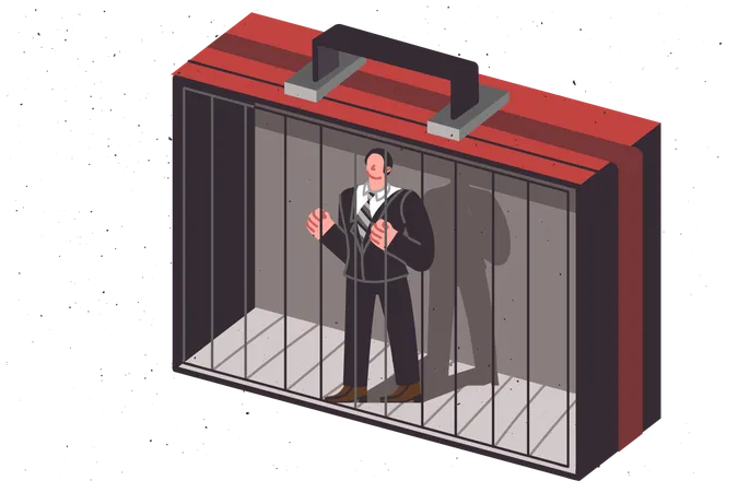 Employé de bureau enfermé dans une cage en forme de valise d'affaires comme métaphore de la pression des entreprises  Illustration