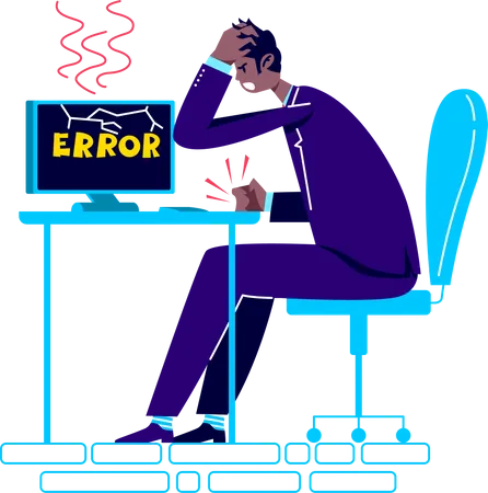 Employé de bureau frustré assis devant un ordinateur avec un message d'erreur à l'écran  Illustration