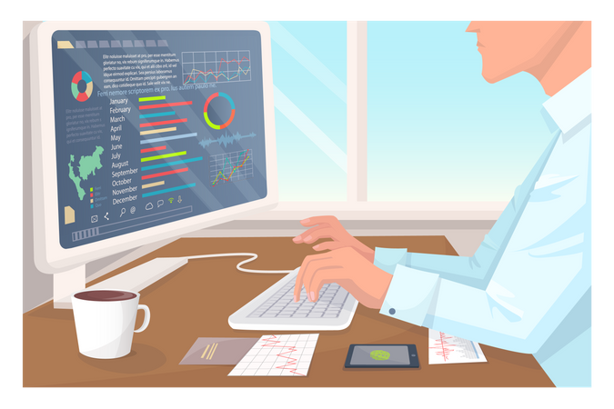 Employé de bureau occupé travaillant sur des statistiques en ligne  Illustration