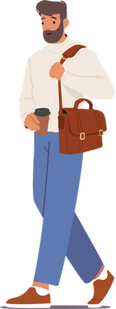 Employé de bureau portant un sac en train de boire du café ou du thé en allant au travail  Illustration