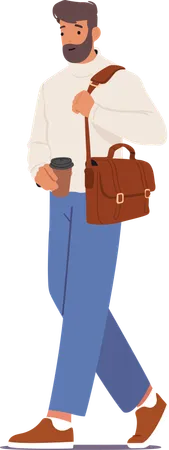 Employé de bureau portant un sac en train de boire du café ou du thé en allant au travail  Illustration