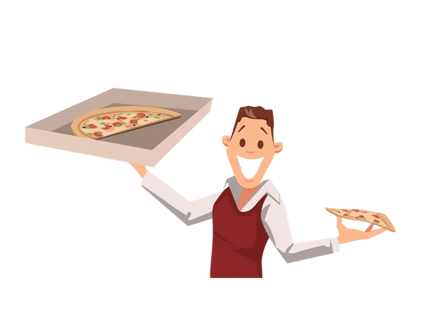 Employé de bureau tenant une boîte à pizza et une tranche  Illustration