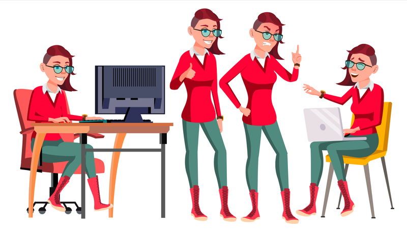 Employé de bureau travaillant sur un bureau avec une pose et un geste différents  Illustration