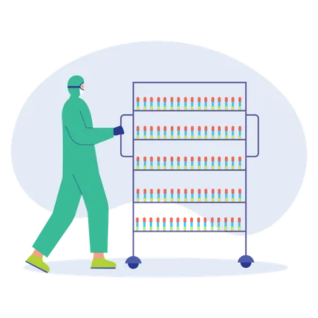 Employé de laboratoire marchant avec des échantillons de sang  Illustration