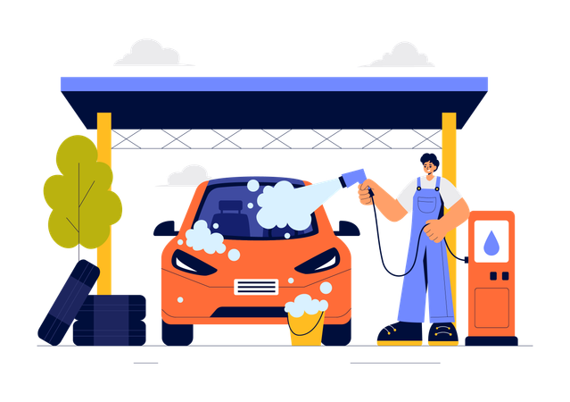 Employé de lavage de voiture pulvérisant de la mousse sur la voiture  Illustration