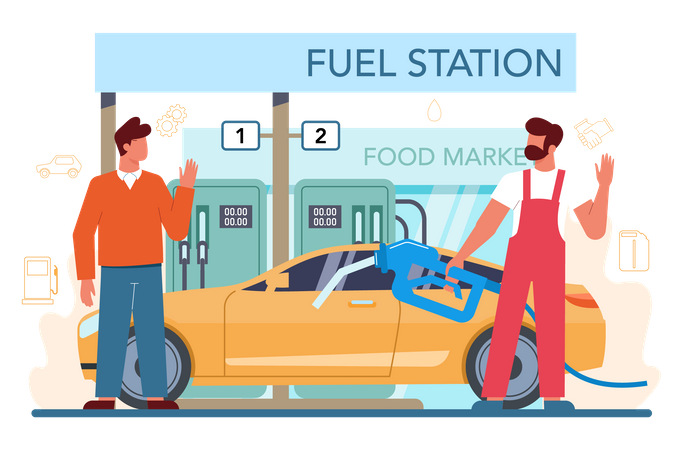 Employé d'une station-service remplissant de l'essence dans une voiture  Illustration