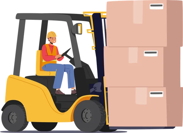 Employé d'entrepôt conduisant un chariot élévateur avec des boîtes à colis en carton  Illustration