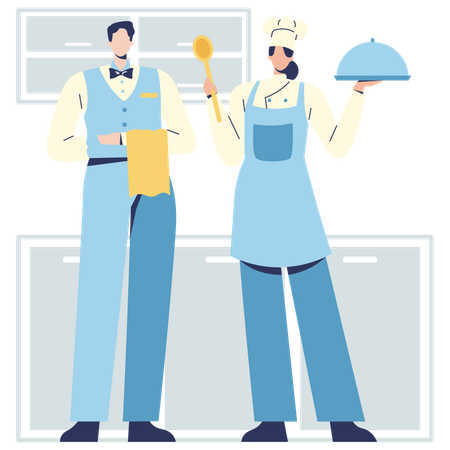 Employé d'hôtel servant de la nourriture  Illustration