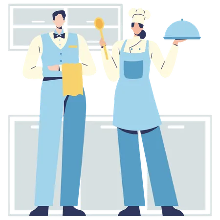 Employé d'hôtel servant de la nourriture  Illustration