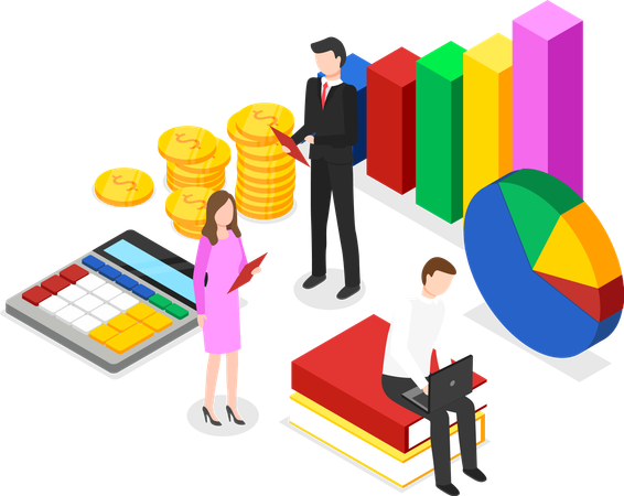 Un employé discute d'une analyse financière lors d'une réunion  Illustration