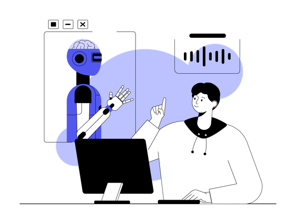 Un employé discute d'un graphique de croissance avec un robot  Illustration