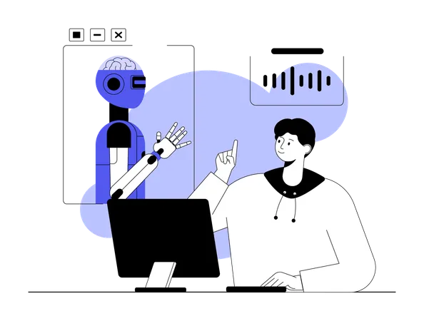 Un employé discute d'un graphique de croissance avec un robot  Illustration