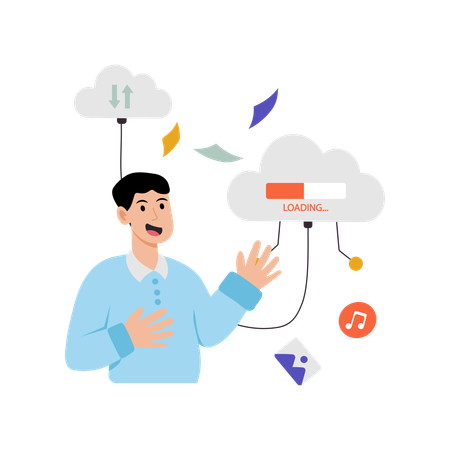 Employé effectuant un transfert de données dans le cloud  Illustration