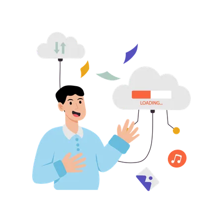 Employé effectuant un transfert de données dans le cloud  Illustration