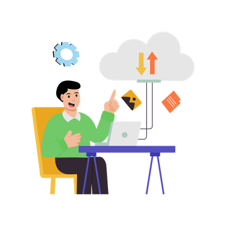 Employé effectuant un transfert de données dans le cloud  Illustration