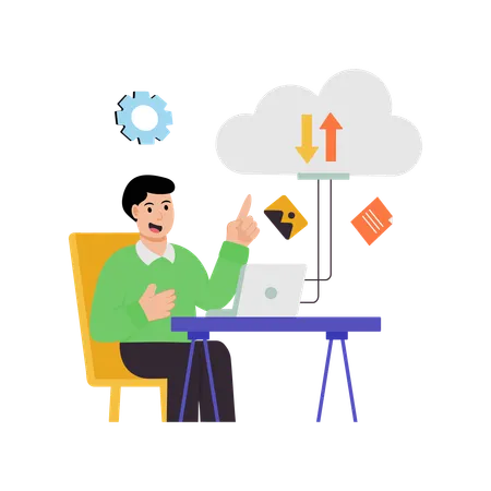 Employé effectuant un transfert de données dans le cloud  Illustration