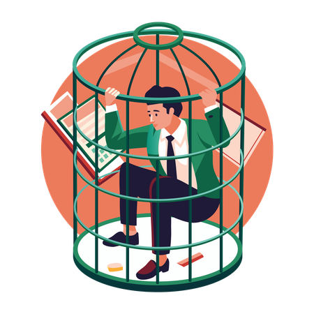 Employé enfermé dans une cage  Illustration