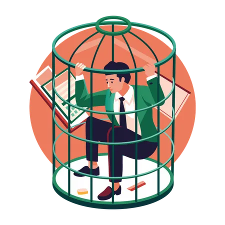 Employé enfermé dans une cage  Illustration