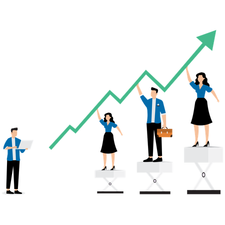 L'équipe d'employés aide à développer un graphique à flèche ascendante  Illustration