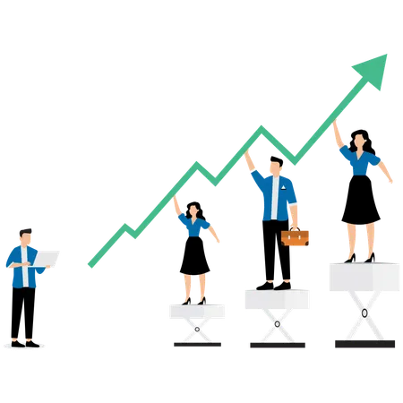 L'équipe d'employés aide à développer un graphique à flèche ascendante  Illustration