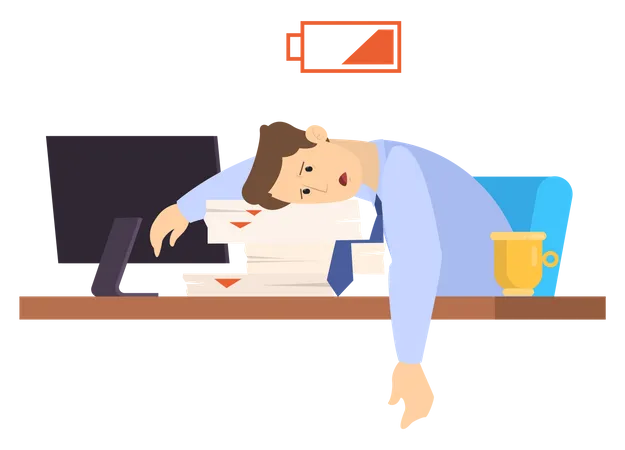 Un employé fatigué dort sur le bureau au bureau  Illustration
