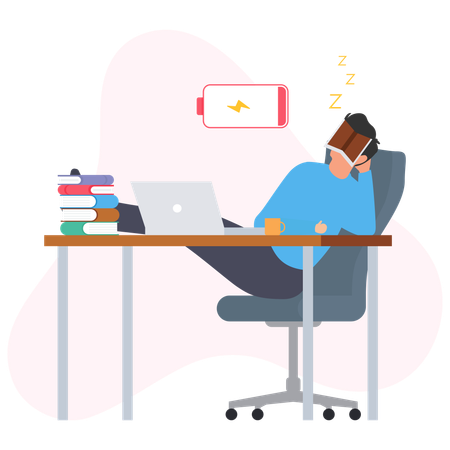 Employé fatigué qui dort sur la table du bureau  Illustration