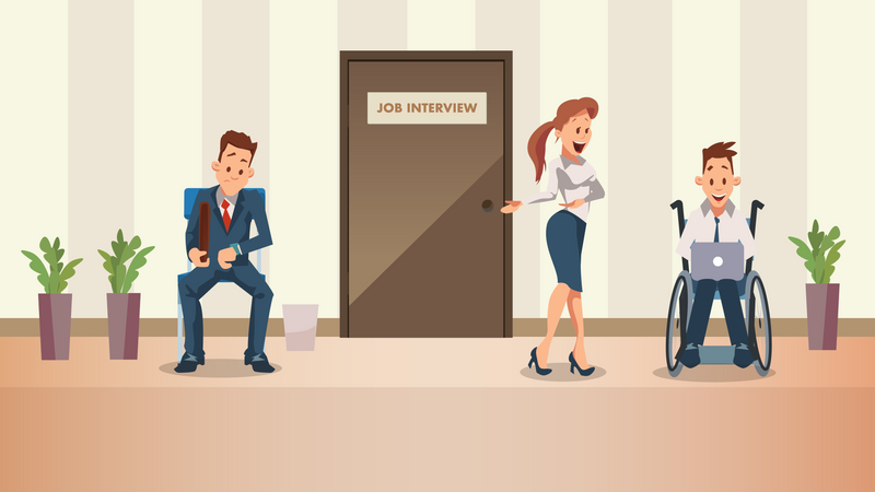 Employé handicapé en attente d'un entretien d'embauche à la porte  Illustration