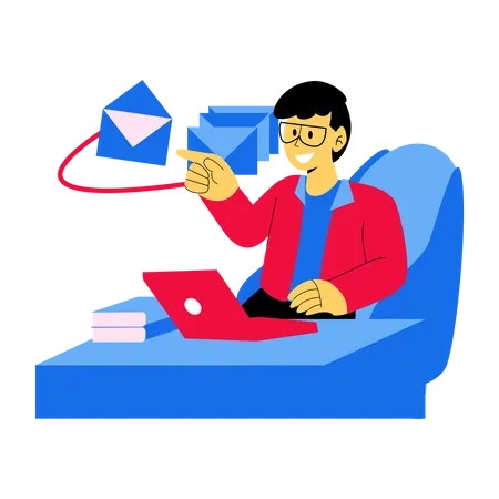 Employé marketing envoyant du courrier marketing depuis son domicile  Illustration