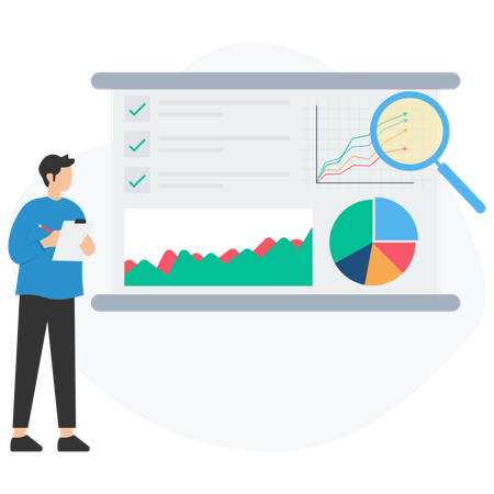 Employé masculin effectuant une analyse de projet  Illustration