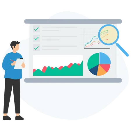 Employé masculin effectuant une analyse de projet  Illustration