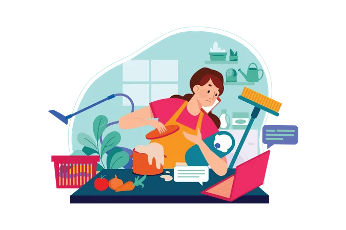 Employé faisant la vaisselle tout en travaillant à domicile  Illustration
