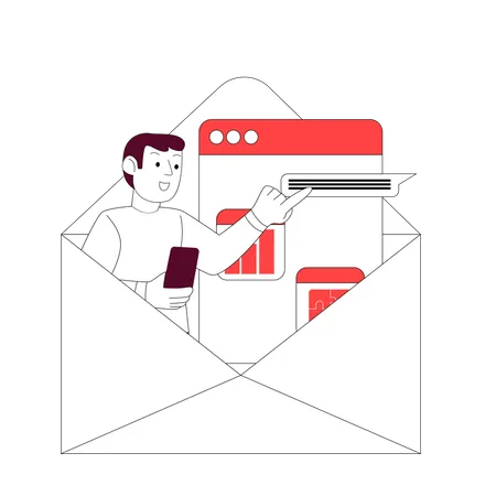 Un employé réalise une campagne de marketing par e-mail  Illustration