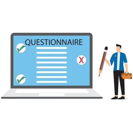 Employé remplissant un questionnaire d'enquête en ligne  Illustration