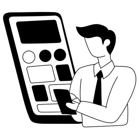 L'employé travaille sur l'interface du téléphone mobile  Illustration