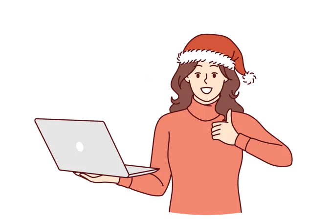 Christmas Woman With Laptop Shows Thumbs Up Recommending Online Shopping During New Year Holidays Girl In Santa Hat Holds Computer Inviting Customers To Buy Christmas Travel Packages Via Internet Illustration