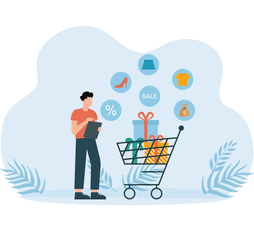 Employee add items in shopping cart  Illustration