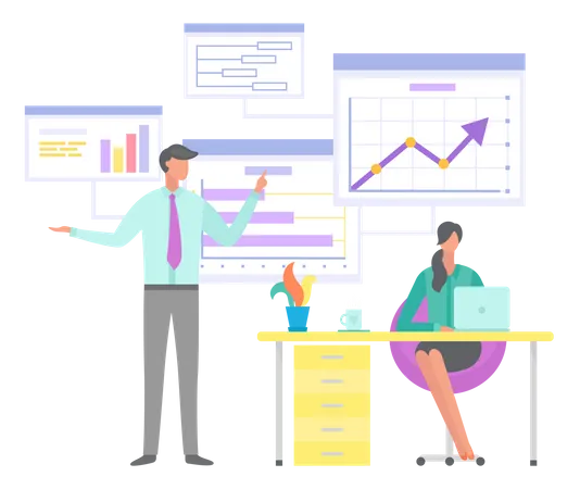 People Analysing Diagrams And Bar Chart On Poster Growth Arrow And Graphs With Data On Table Marketing Research Results Presentation Colleagues Discuss Statistical Indicators Business Statistics Illustration