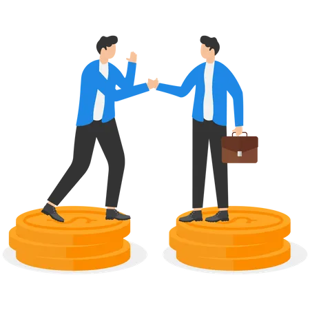 Employee And His Boss Shaking Hands And His Salary Agreement Standing On A Pile Of Gold Coins Human Resources Concept Illustration