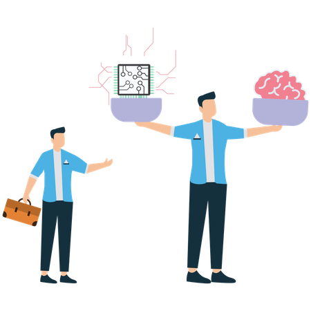 Employee Balances scales human brain vs AI  Illustration