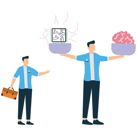 Employee Balances scales human brain vs AI  Illustration