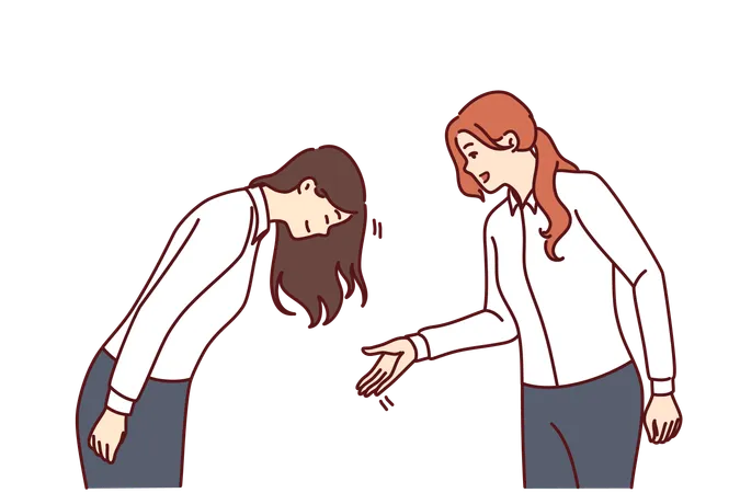 Woman Greets Asian Colleague Or Potential Business Partner Bows As Sign Of Respect And Loyalty Business People From Different Ethnic Groups Demonstrate Familiar Greetings From Their Own Culture Illustration