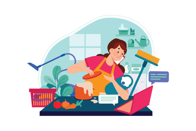 Employee cleaning dishes while working from home  Illustration