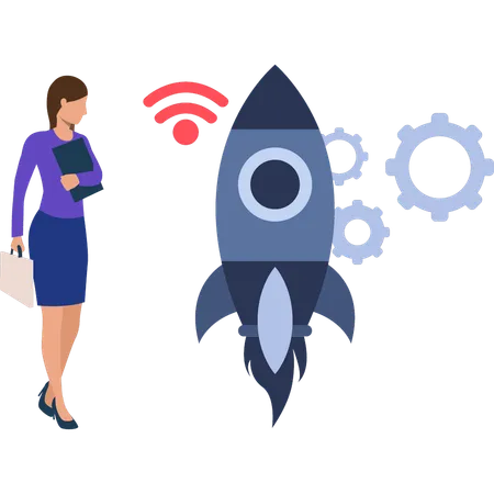 Employee communicates with rocket through wifi network  Illustration